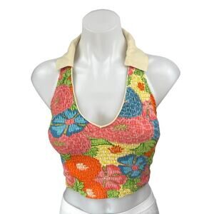 Zara Multicolor Floral Sleeveless Halter Smocked Cami Camisole Crop Tank Top M